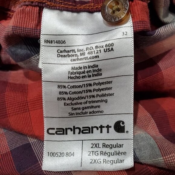 Carhartt Men's Cotton Button Down Plaid Shirt Red Size 2XL Slim Fit Long… - Picture 7 of 9